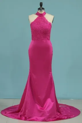 2024 Bridesmaid Dresses Halter Mermaid Satin With Applique PMED9NFS