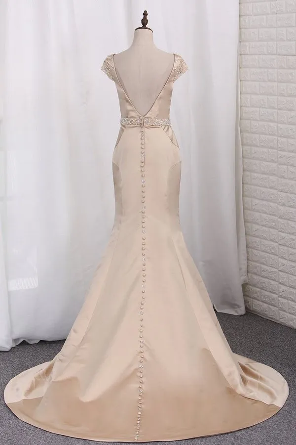 2024 Sexy Open Back Wedding Dresses Bateau Mermaid PEQQG9K1