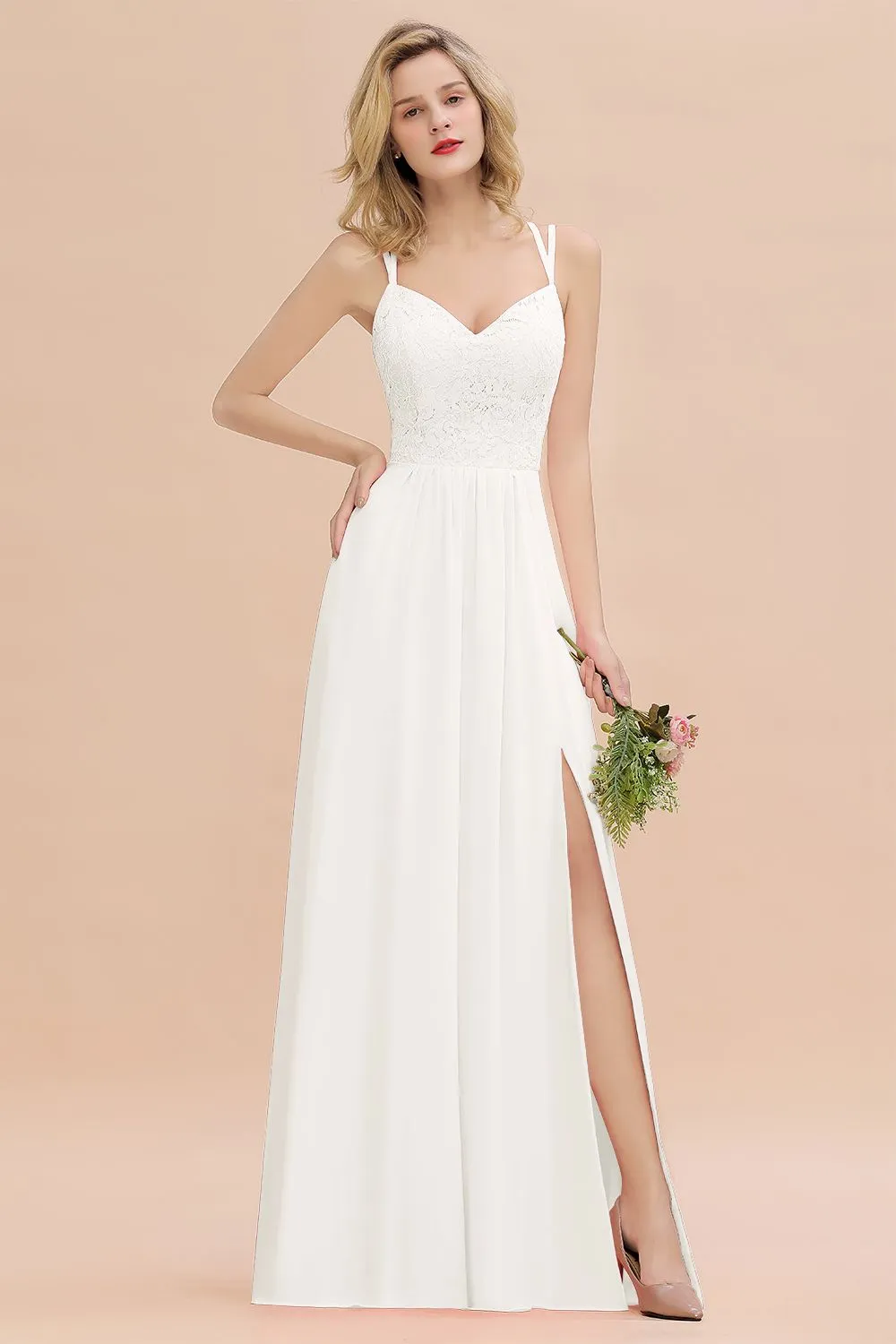 A-Line Chiffon Spaghetti Straps Sweetheart Long Bridesmaid Dress with Slit