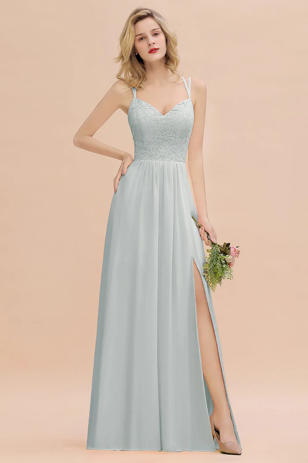 A-Line Chiffon Spaghetti Straps Sweetheart Long Bridesmaid Dress with Slit