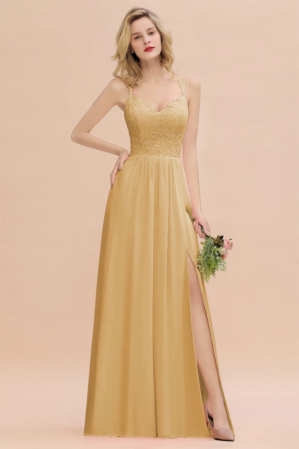 A-Line Chiffon Spaghetti Straps Sweetheart Long Bridesmaid Dress with Slit