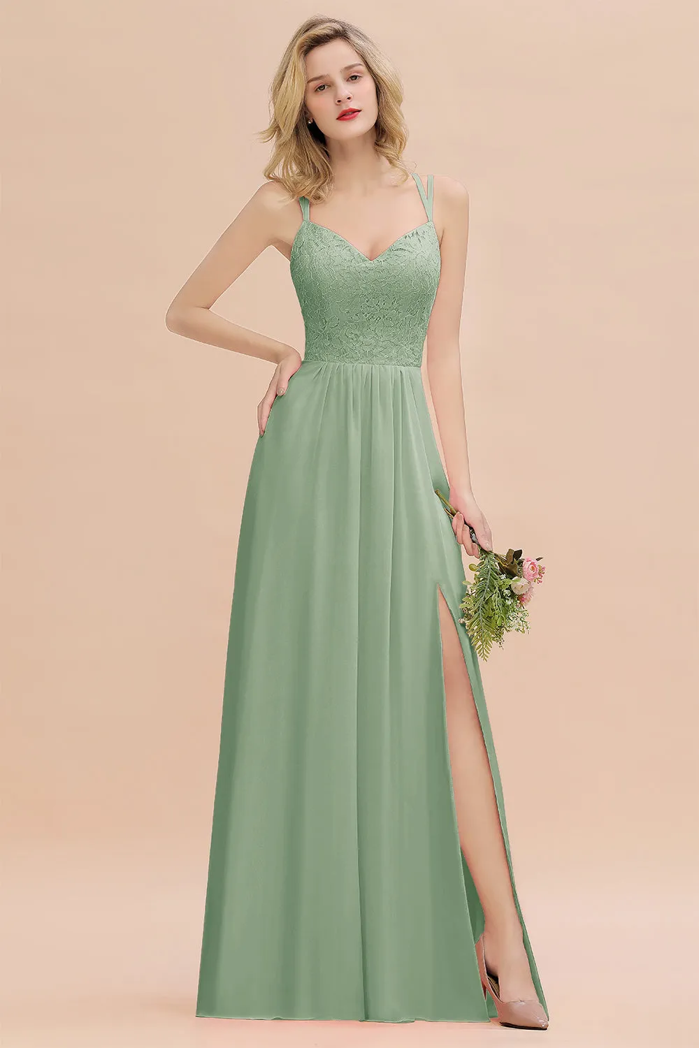 A-Line Chiffon Spaghetti Straps Sweetheart Long Bridesmaid Dress with Slit