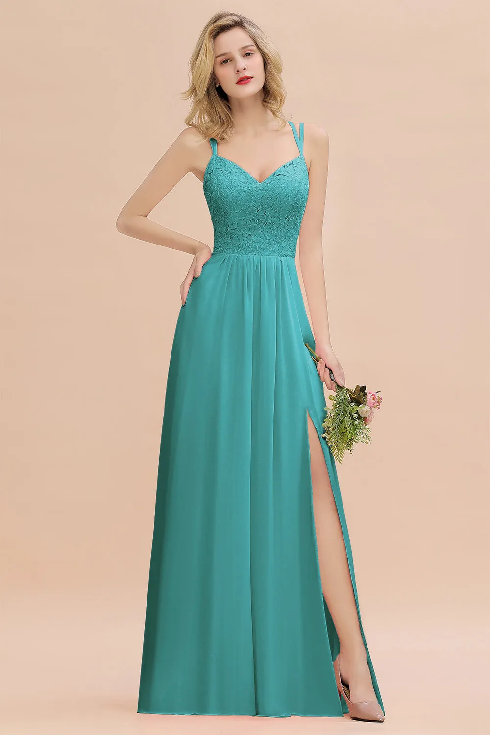 A-Line Chiffon Spaghetti Straps Sweetheart Long Bridesmaid Dress with Slit