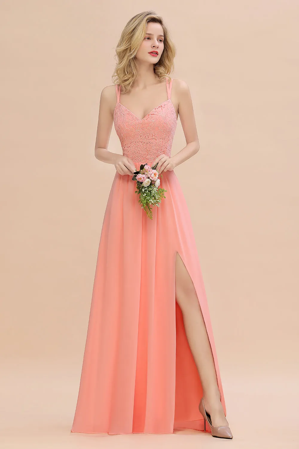 A-Line Chiffon Spaghetti Straps Sweetheart Long Bridesmaid Dress with Slit