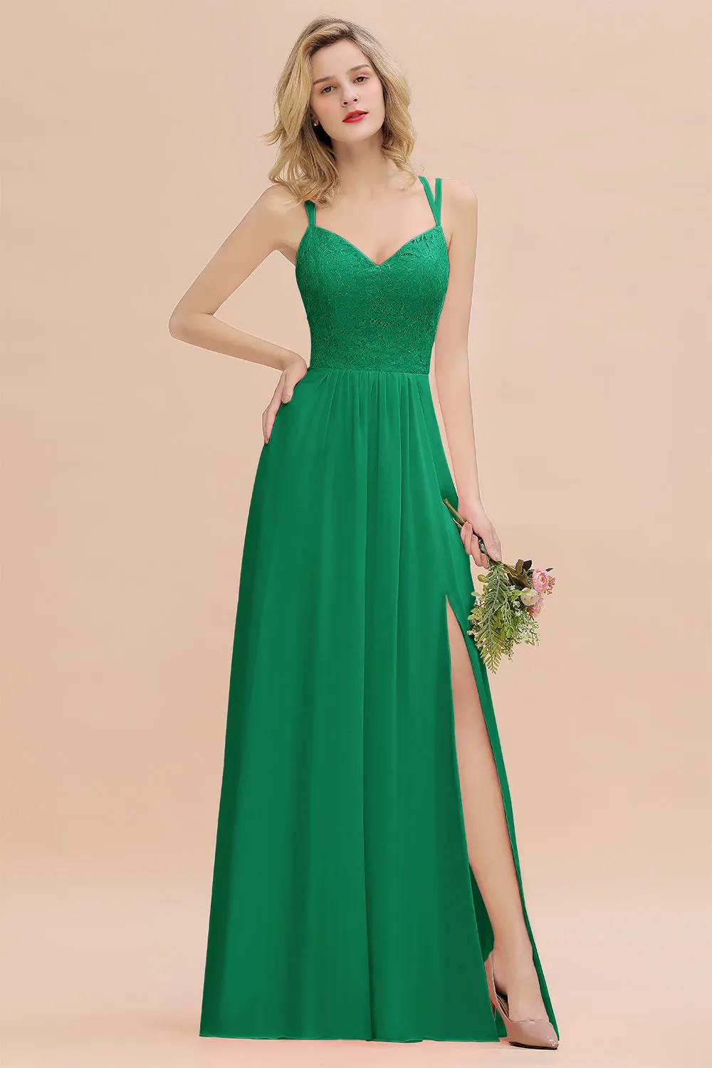 A-Line Chiffon Spaghetti Straps Sweetheart Long Bridesmaid Dress with Slit