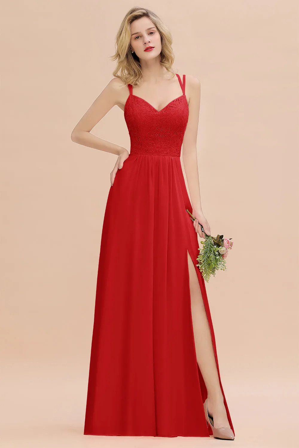 A-Line Chiffon Spaghetti Straps Sweetheart Long Bridesmaid Dress with Slit