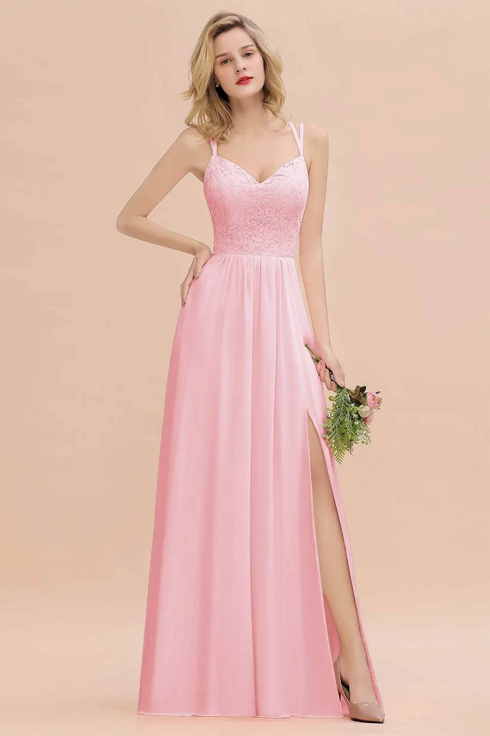 A-Line Chiffon Spaghetti Straps Sweetheart Long Bridesmaid Dress with Slit