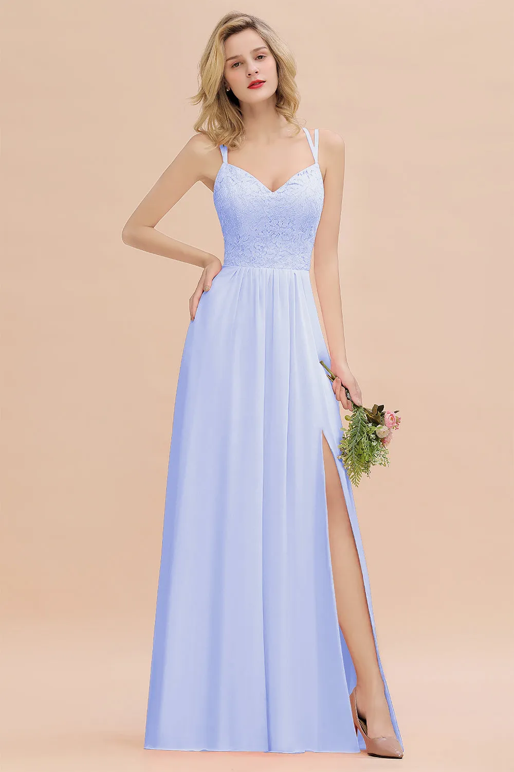 A-Line Chiffon Spaghetti Straps Sweetheart Long Bridesmaid Dress with Slit