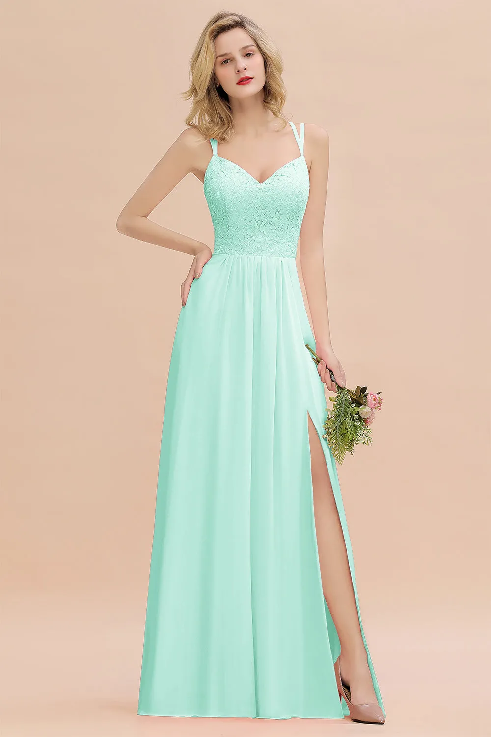 A-Line Chiffon Spaghetti Straps Sweetheart Long Bridesmaid Dress with Slit