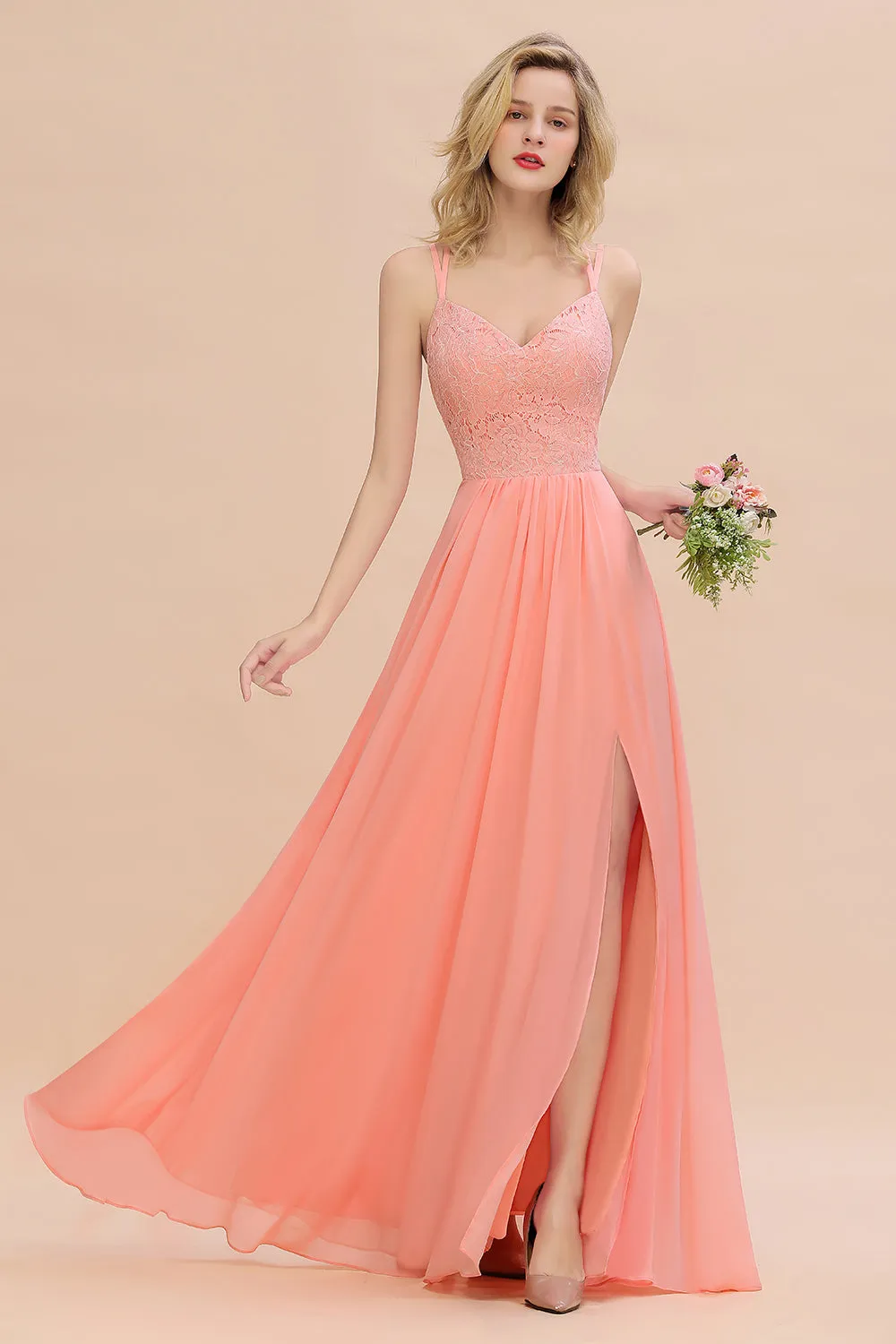 A-Line Chiffon Spaghetti Straps Sweetheart Long Bridesmaid Dress with Slit