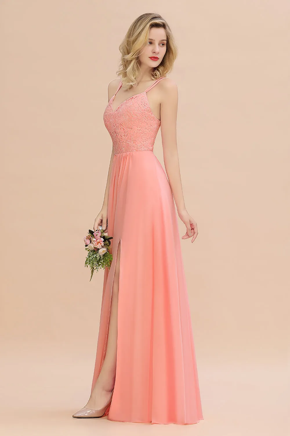 A-Line Chiffon Spaghetti Straps Sweetheart Long Bridesmaid Dress with Slit