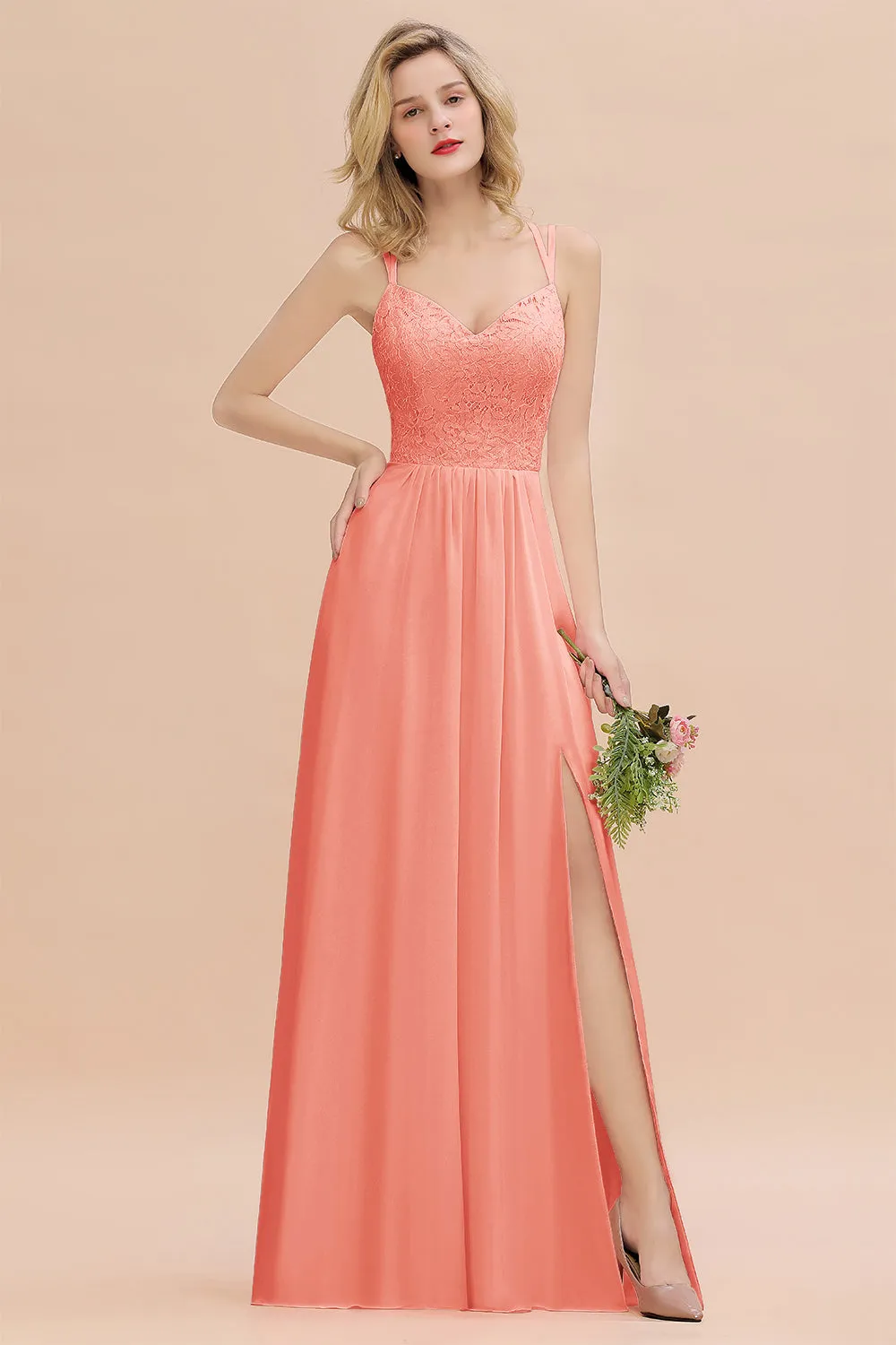 A-Line Chiffon Spaghetti Straps Sweetheart Long Bridesmaid Dress with Slit