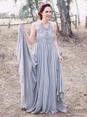 A-Line Halter Backless Grey Chiffon Bridesmaid Dress