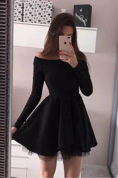 A line Long Sleeve Black Satin Short Prom Dresses Above Knee Cocktail Dresses