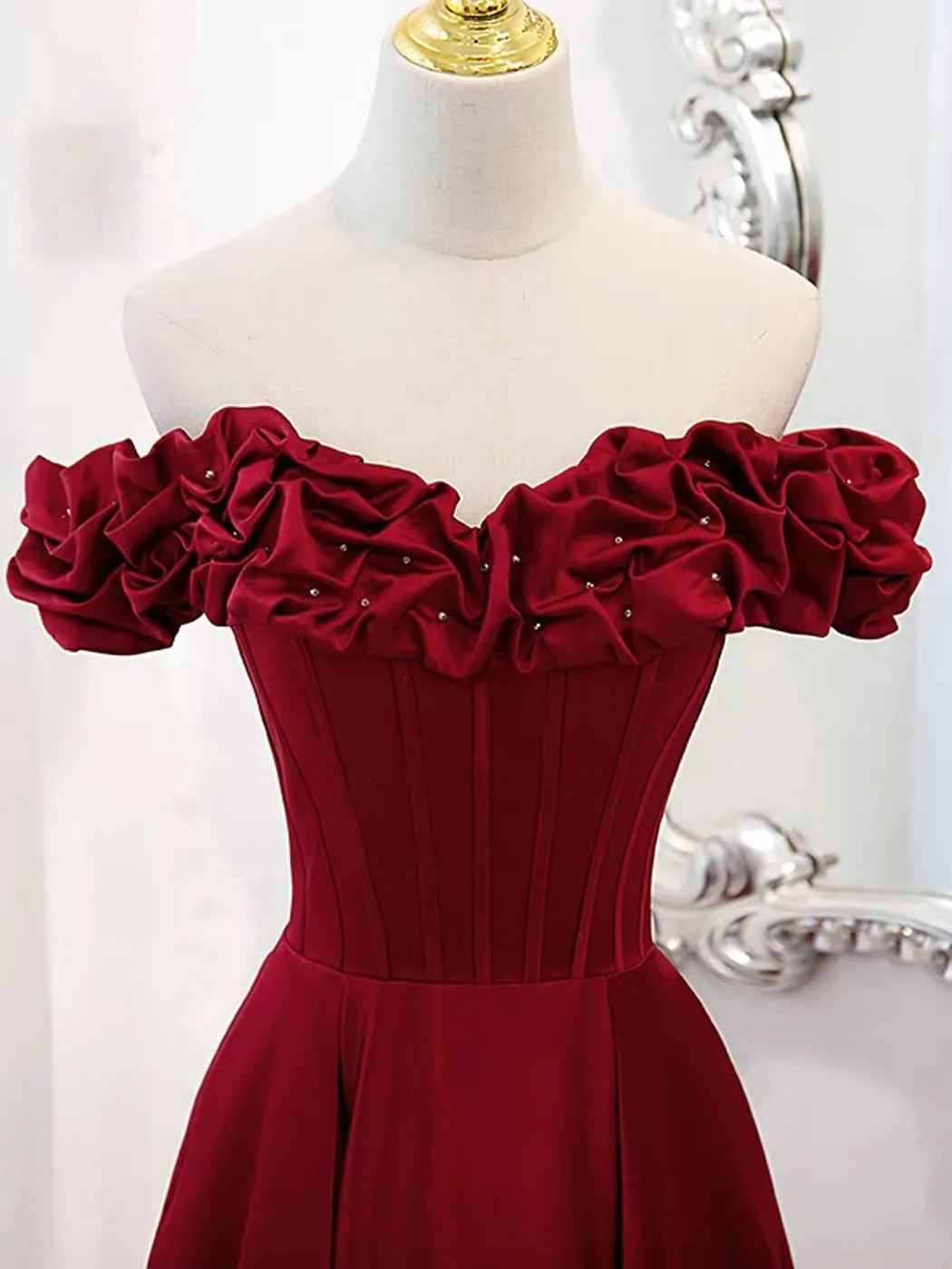 A-Line Off Shoulder Satin Burgundy Long Prom Dress, Satin Burgundy Evening Dress