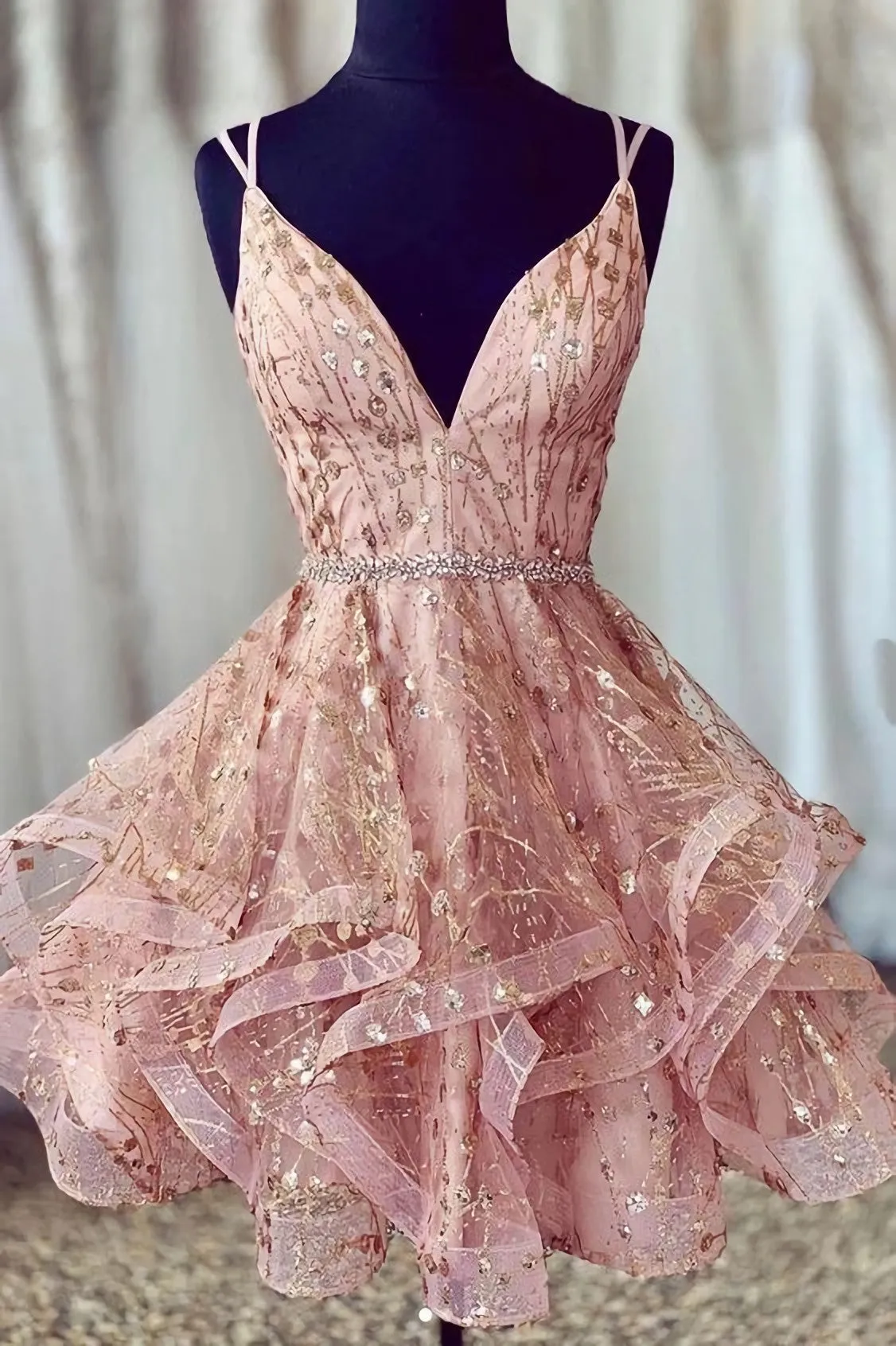 A Line Spaghetti Straps Lace Up V Neck Pink Homecoming Dress, With Sequins