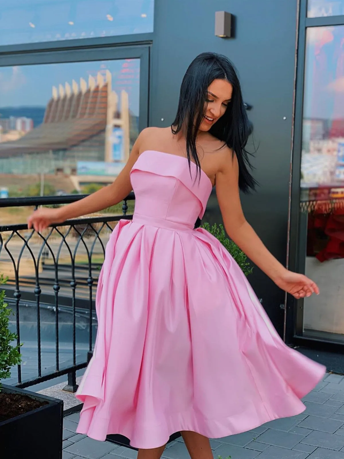 A Line Strapless Short Pink Yellow Prom Dresses, Strapless Short Pink Formal Graduation Homecoming Dresses