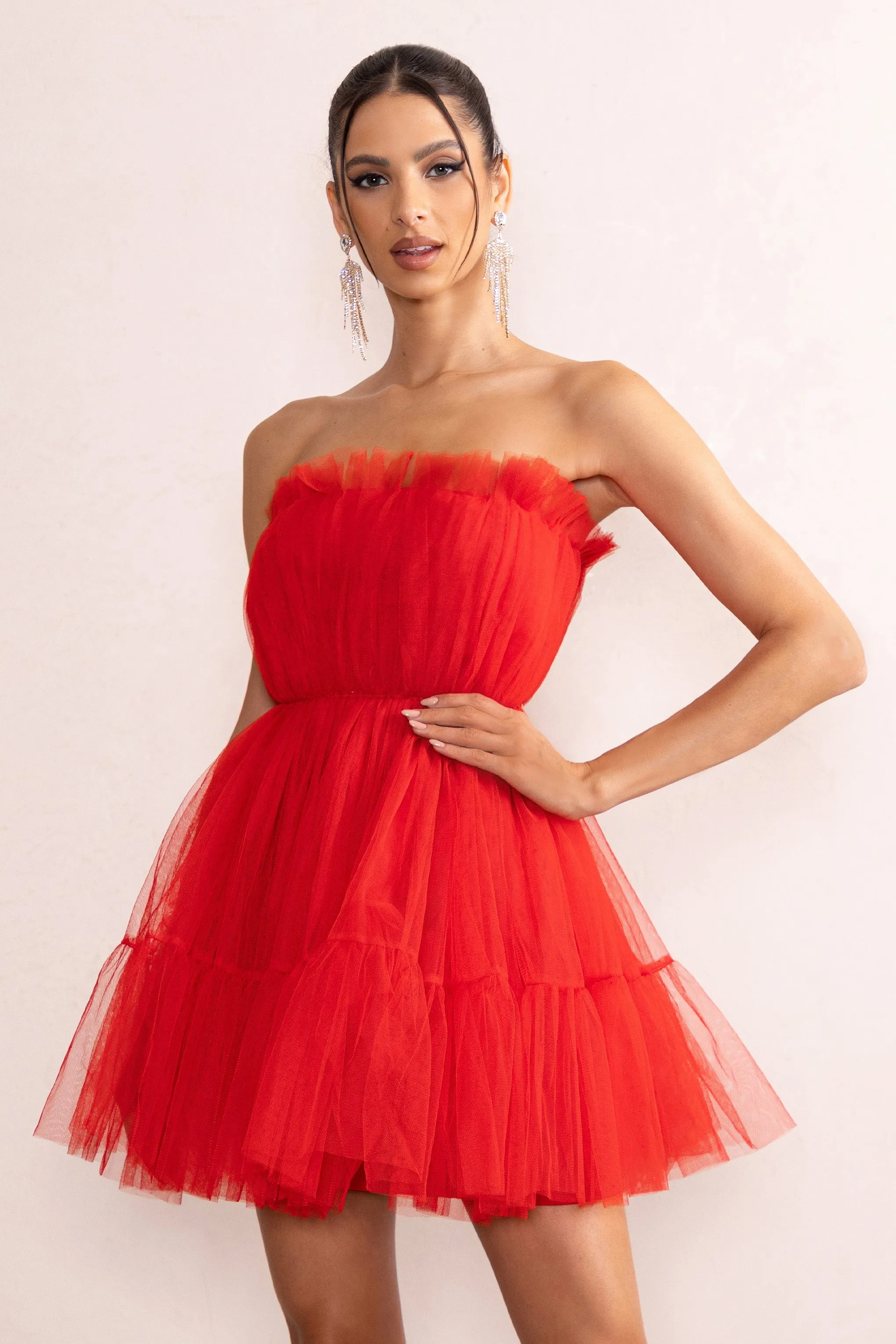 Aella | Red Bandeau Volume Pleated Tulle Mini Dress