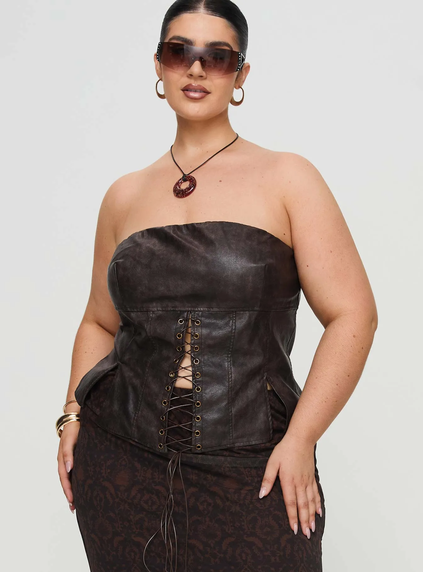 Afraid Strapless Faux Leather Top Brown Curve