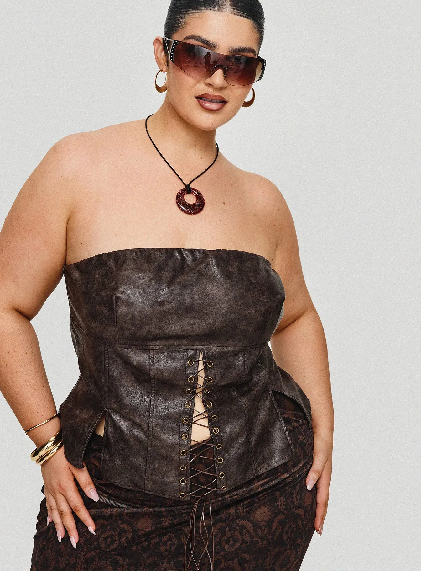 Afraid Strapless Faux Leather Top Brown Curve