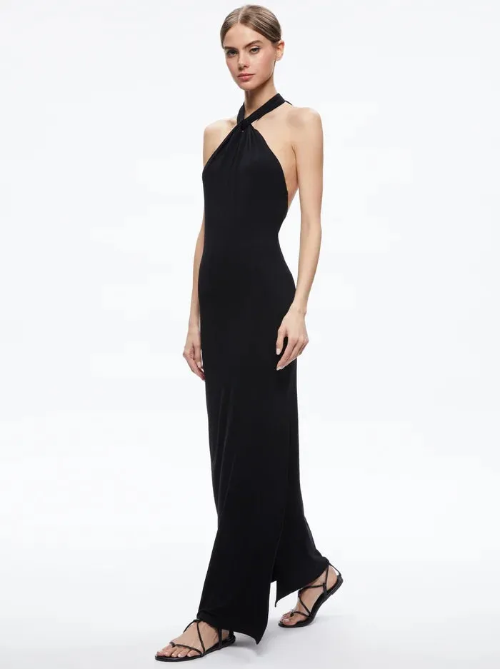 Alice   Olivia - Amaya Halter Neck High Slit Dress - Black