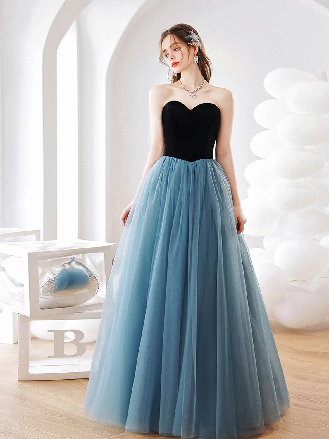 Aline Blue Tulle Long Prom Dress, Blue Long Graduation Dresses