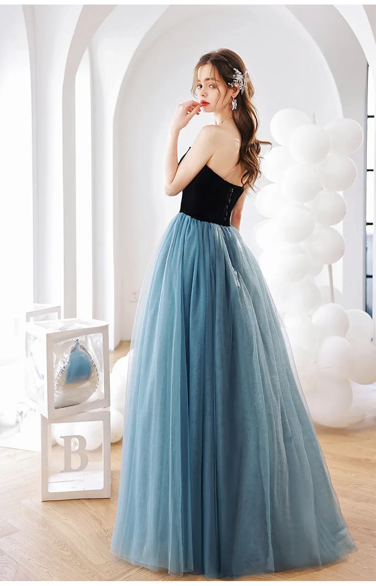 Aline Blue Tulle Long Prom Dress, Blue Long Graduation Dresses