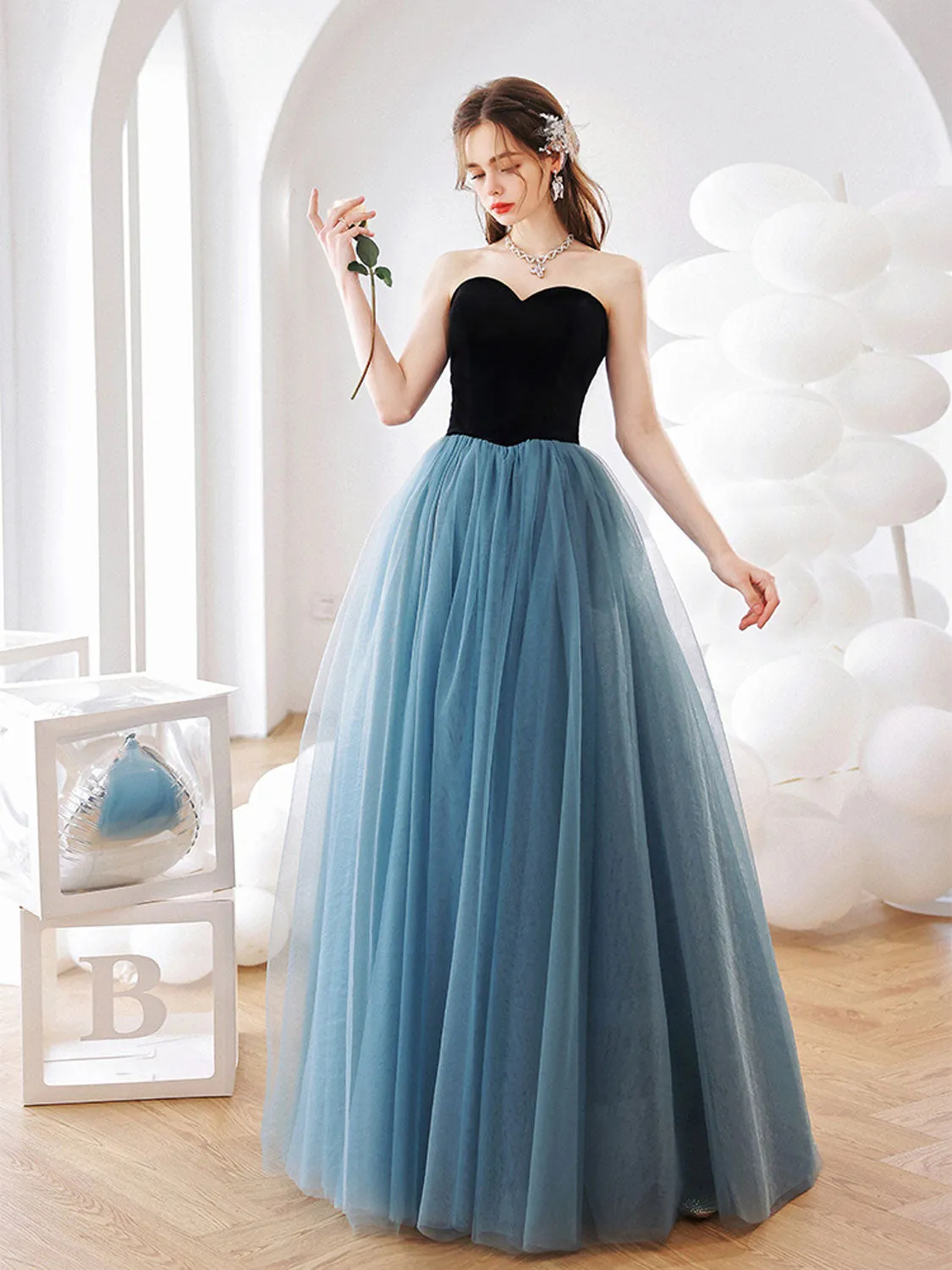 Aline Blue Tulle Long Prom Dress, Blue Long Graduation Dresses