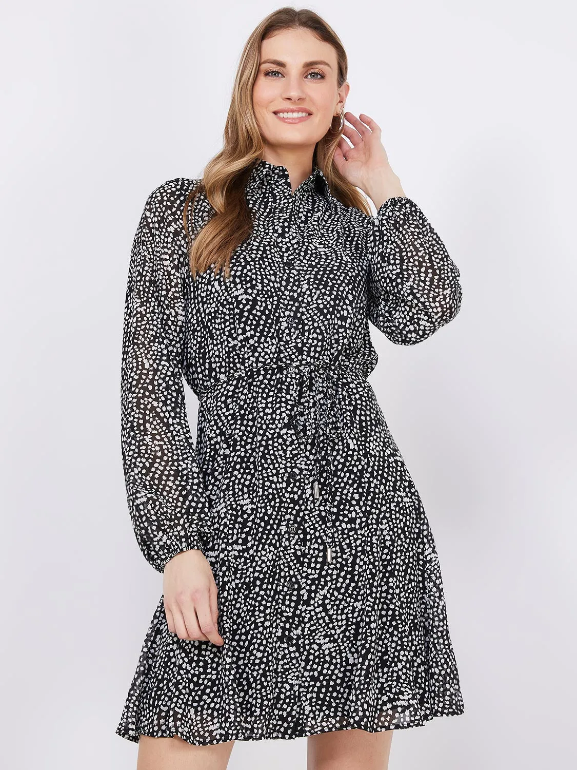 Animal Dot Print Button-Front Mini Dress