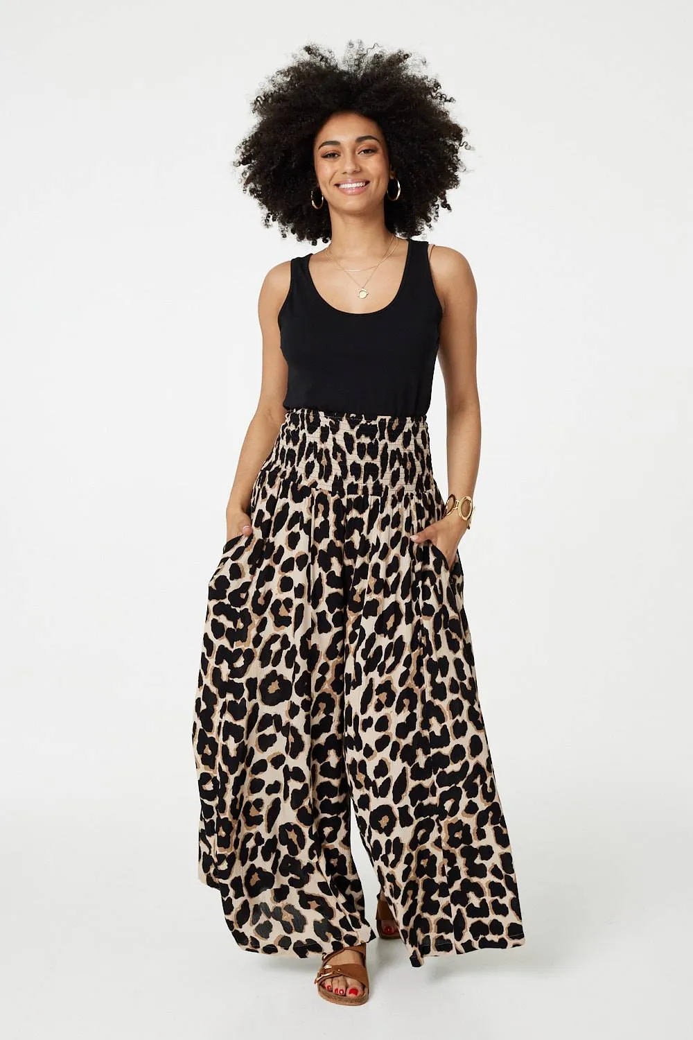 Animal Print High Waist Wide Leg Trousers