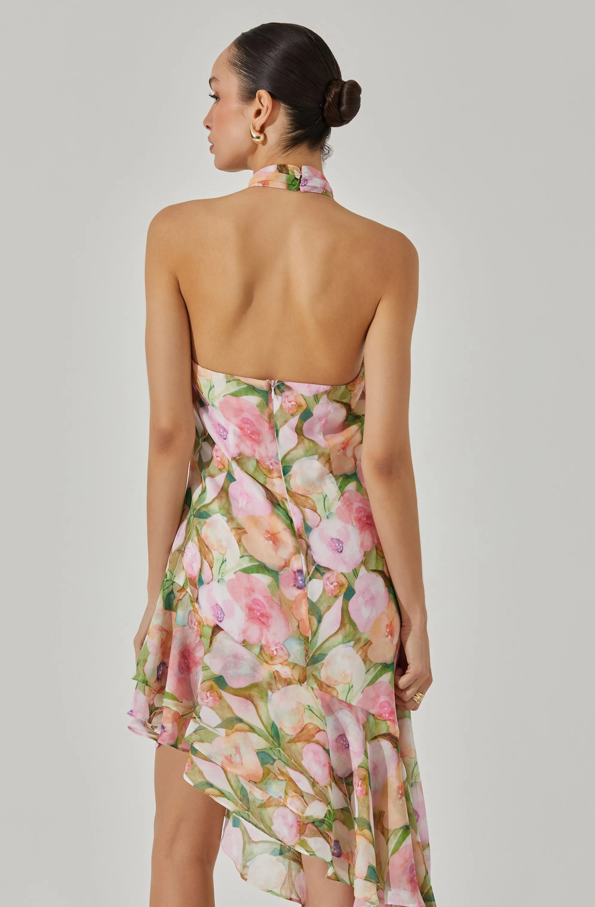 Asymmetric Floral Halter Midi Dress