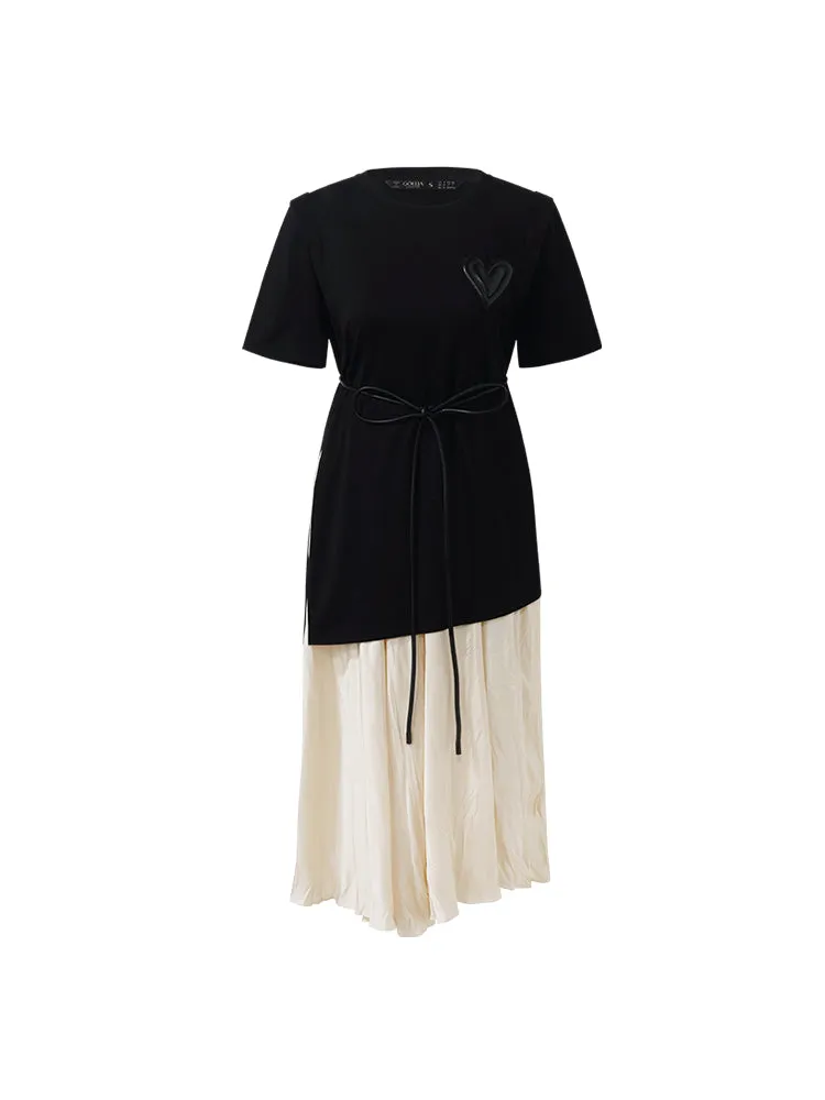 Asymmetrical Hem T-Shirt And Ruched Skirt Two-Piece Set With Belt