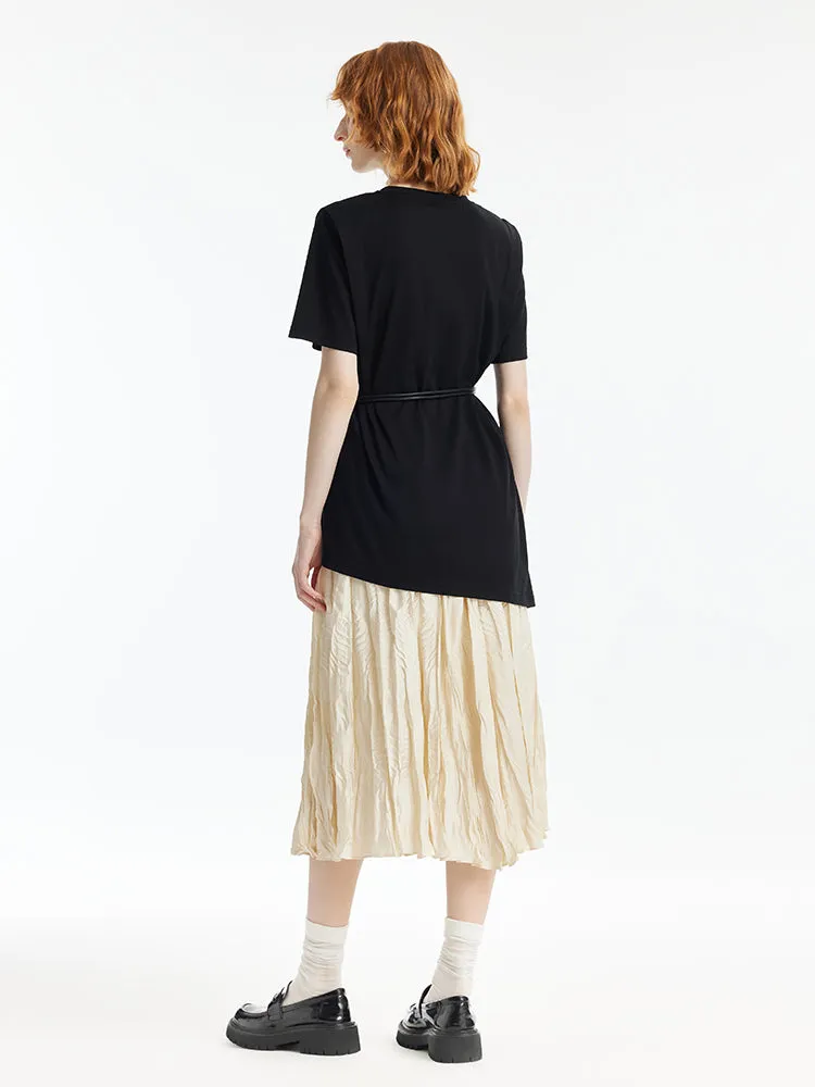 Asymmetrical Hem T-Shirt And Ruched Skirt Two-Piece Set With Belt