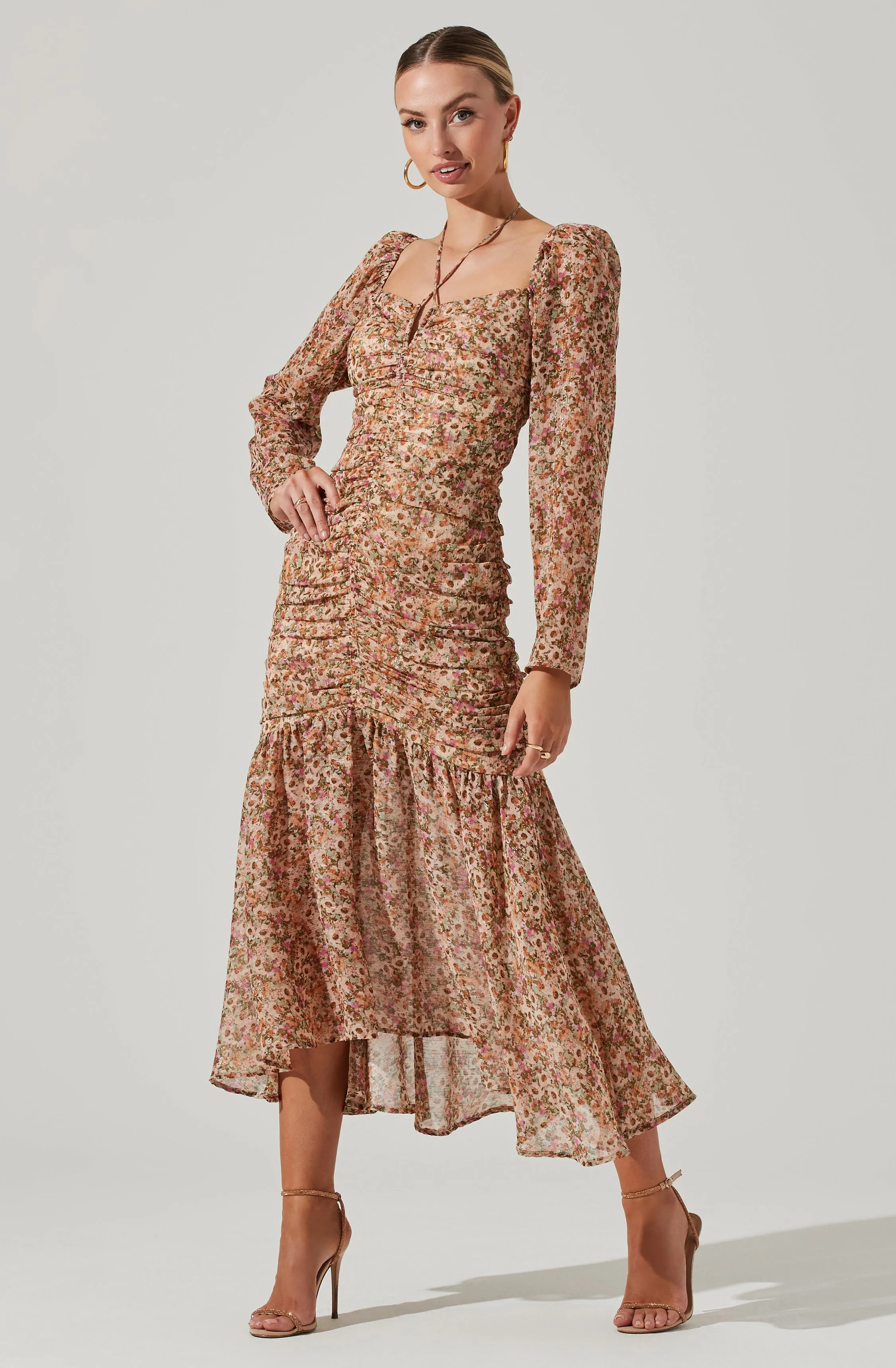 Athena Floral Ruched Long Sleeve Midi Dress