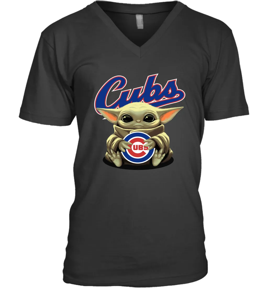 Baby Yoda Hugs Loves The Chicago Cubs Baseball Mens V-Neck T-Shirt