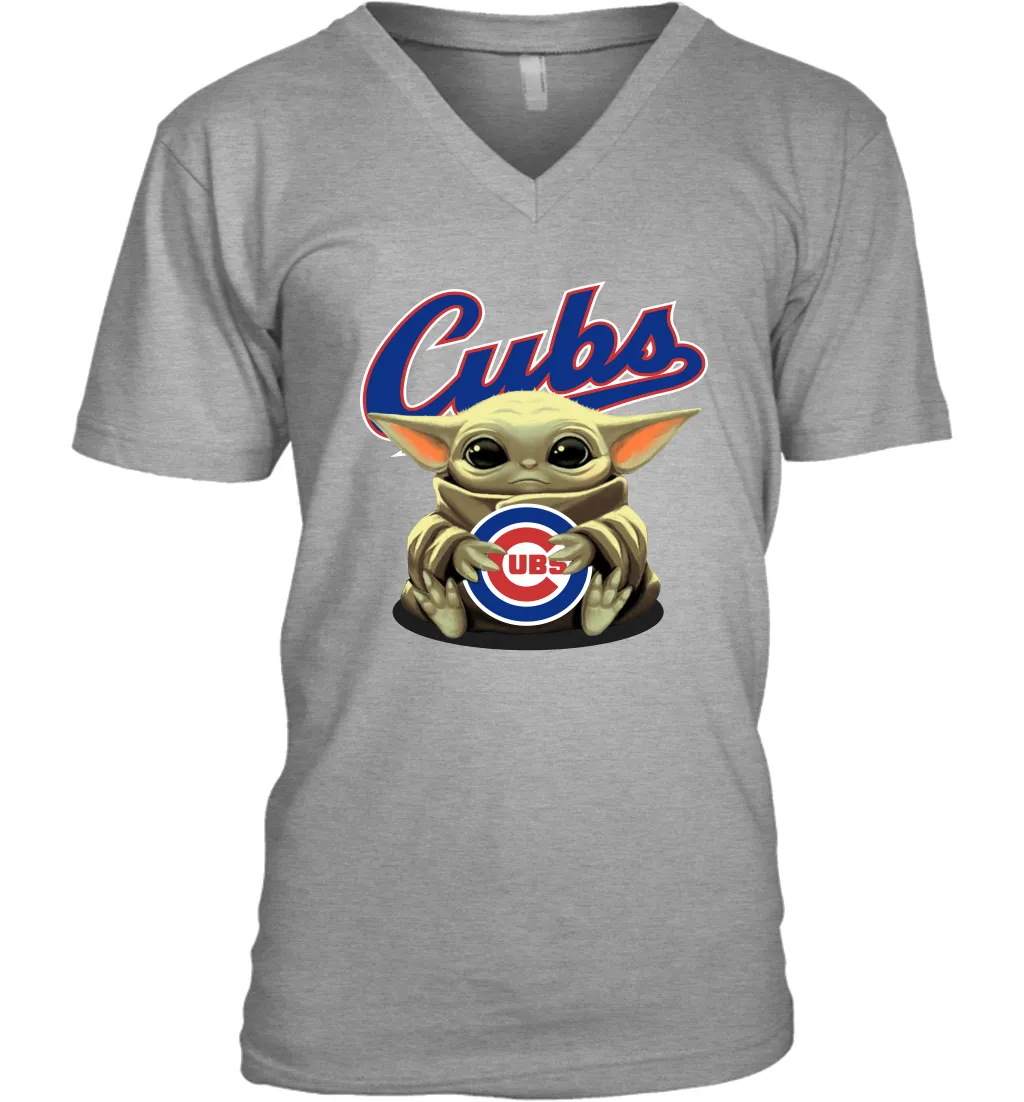 Baby Yoda Hugs Loves The Chicago Cubs Baseball Mens V-Neck T-Shirt