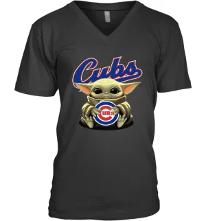 Baby Yoda Hugs Loves The Chicago Cubs Baseball Mens V-Neck T-Shirt