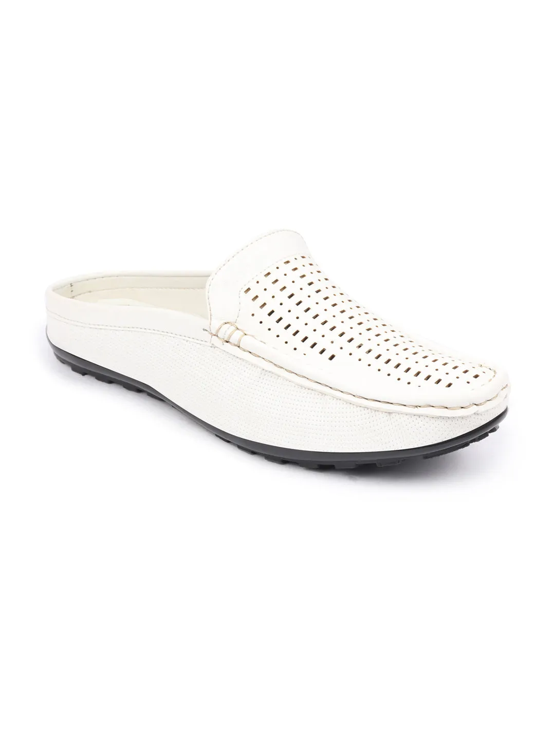 Basics Men White Back Open Laser Cut Design Textured Ethnic Casual Wedding Slip On Mules