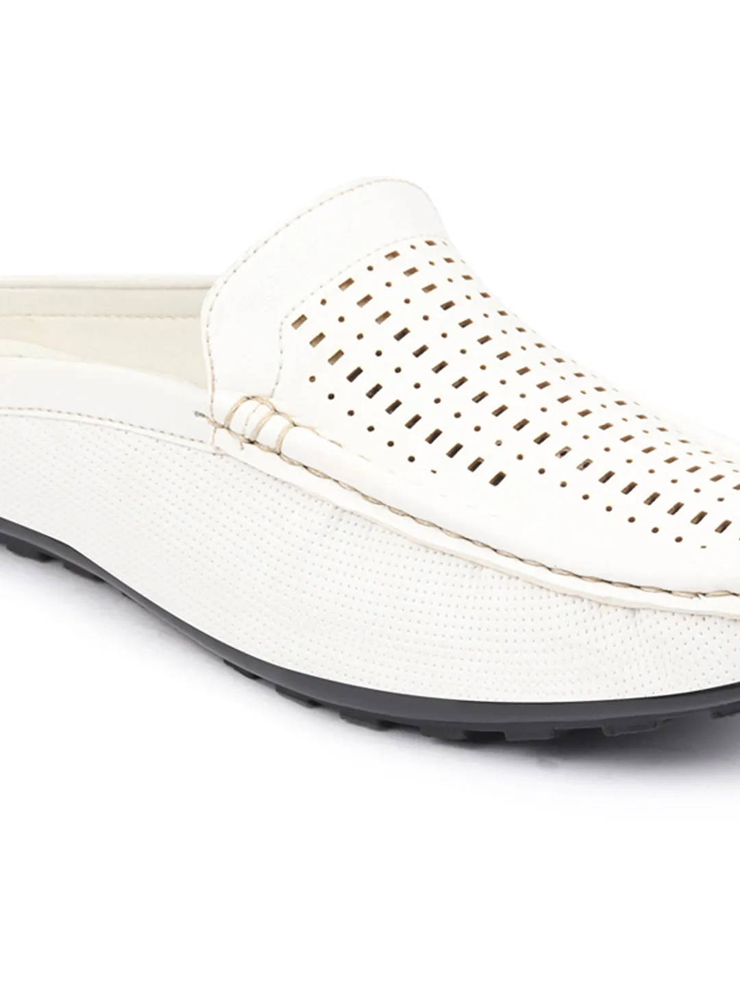 Basics Men White Back Open Laser Cut Design Textured Ethnic Casual Wedding Slip On Mules