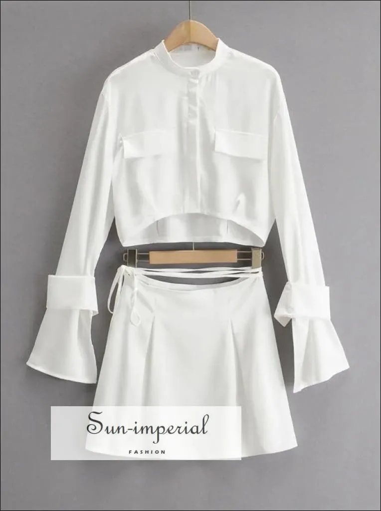 Beige Long Sleeve Satin Stand Collar Crop top Shirt with Cuff Closer and Tie Strap Satin Mini skirt set