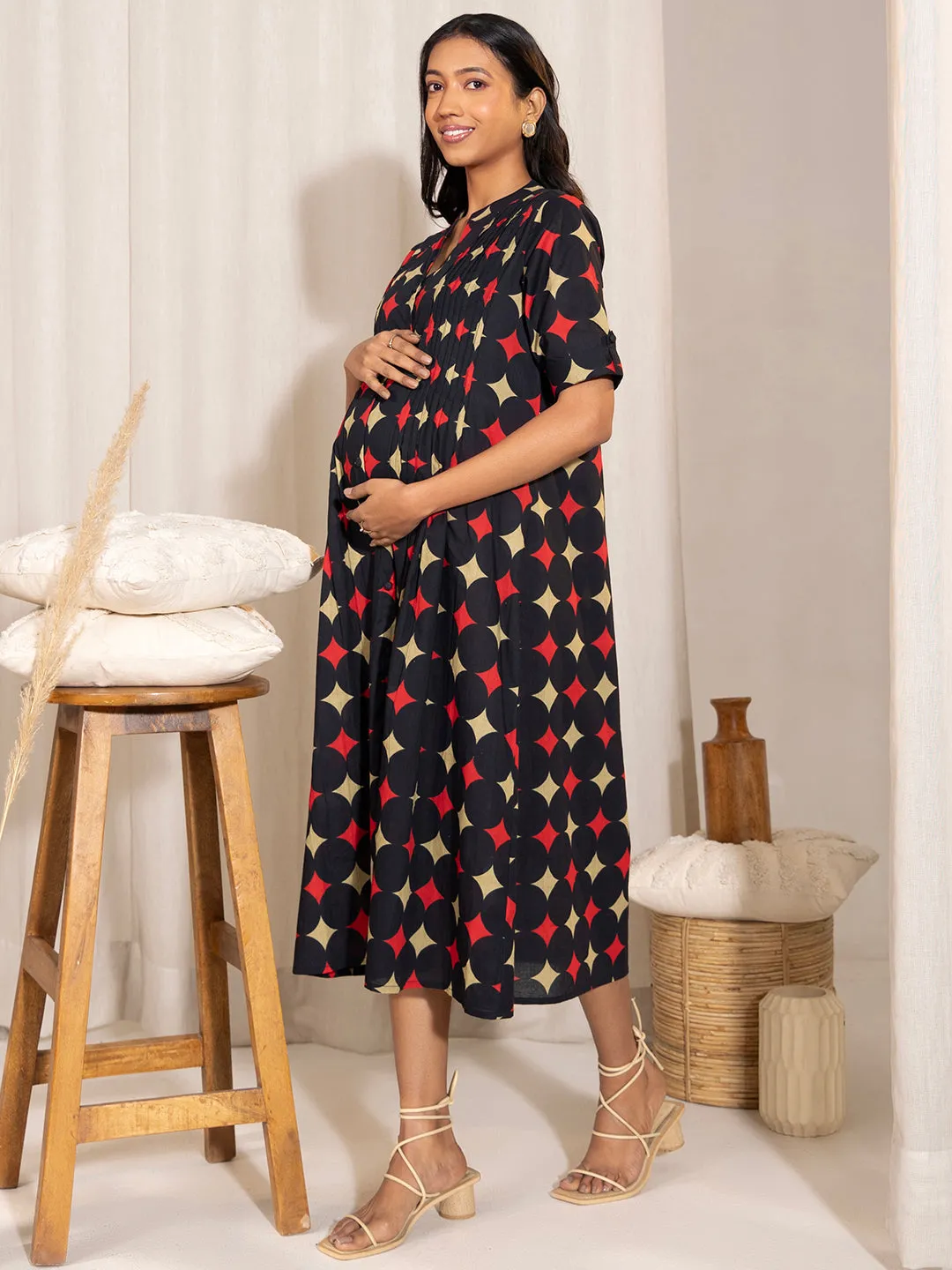 Black Cotton Geometric A-Line Maternity Dress