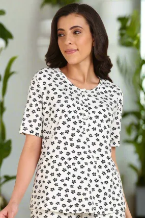 Black Floral Print 100% Soft Cotton Zipless Maternity Feeding Top