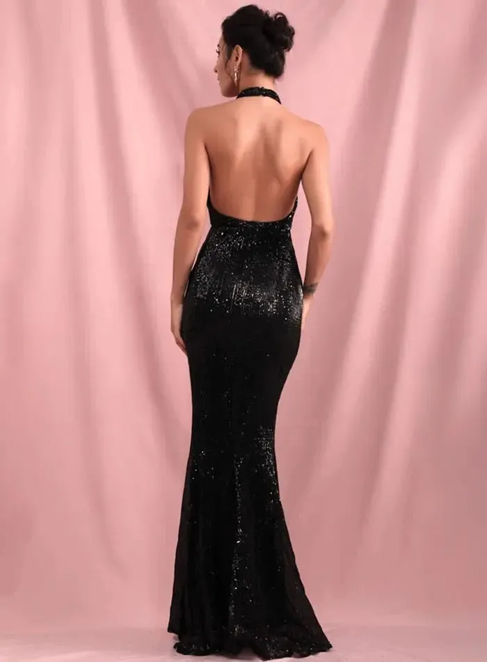 Black Halter Elastic Sequins Split Maxi Dress