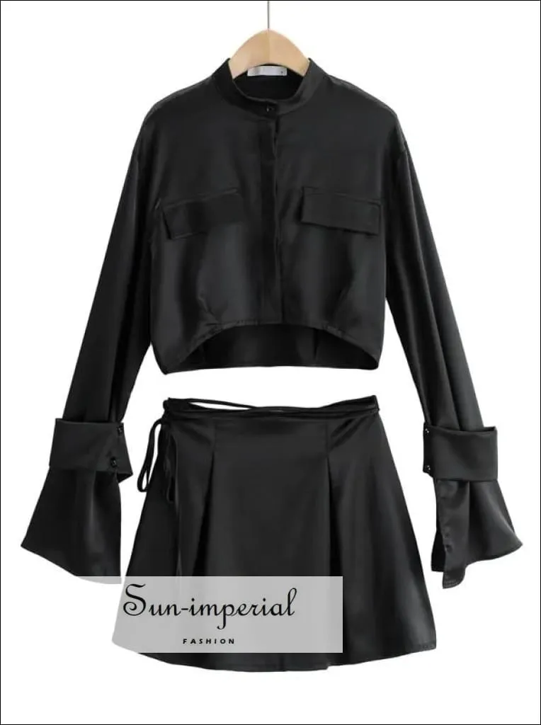 Black Long Sleeve Satin Stand Collar Crop top Shirt with Cuff Closer and Tie Strap Satin Mini skirt set