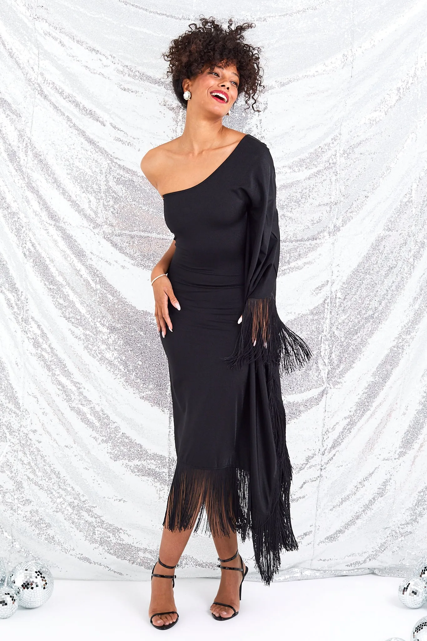 Black One Shoulder Fringe Dress