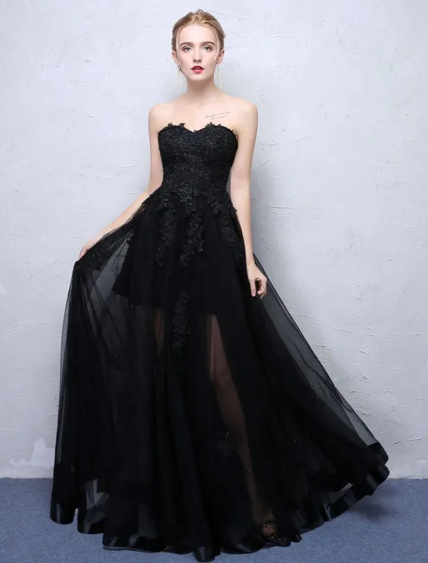 Black Prom Dresses Strapless Long Party Dress Lace Applique Sweetheart Illusion Formal Evening Dress