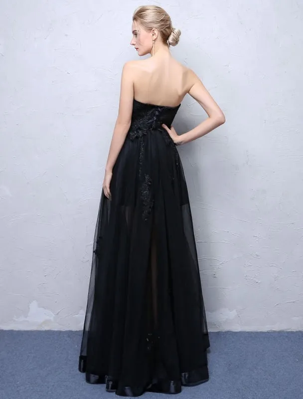 Black Prom Dresses Strapless Long Party Dress Lace Applique Sweetheart Illusion Formal Evening Dress