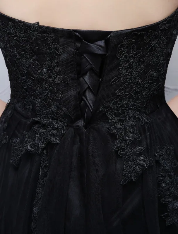 Black Prom Dresses Strapless Long Party Dress Lace Applique Sweetheart Illusion Formal Evening Dress