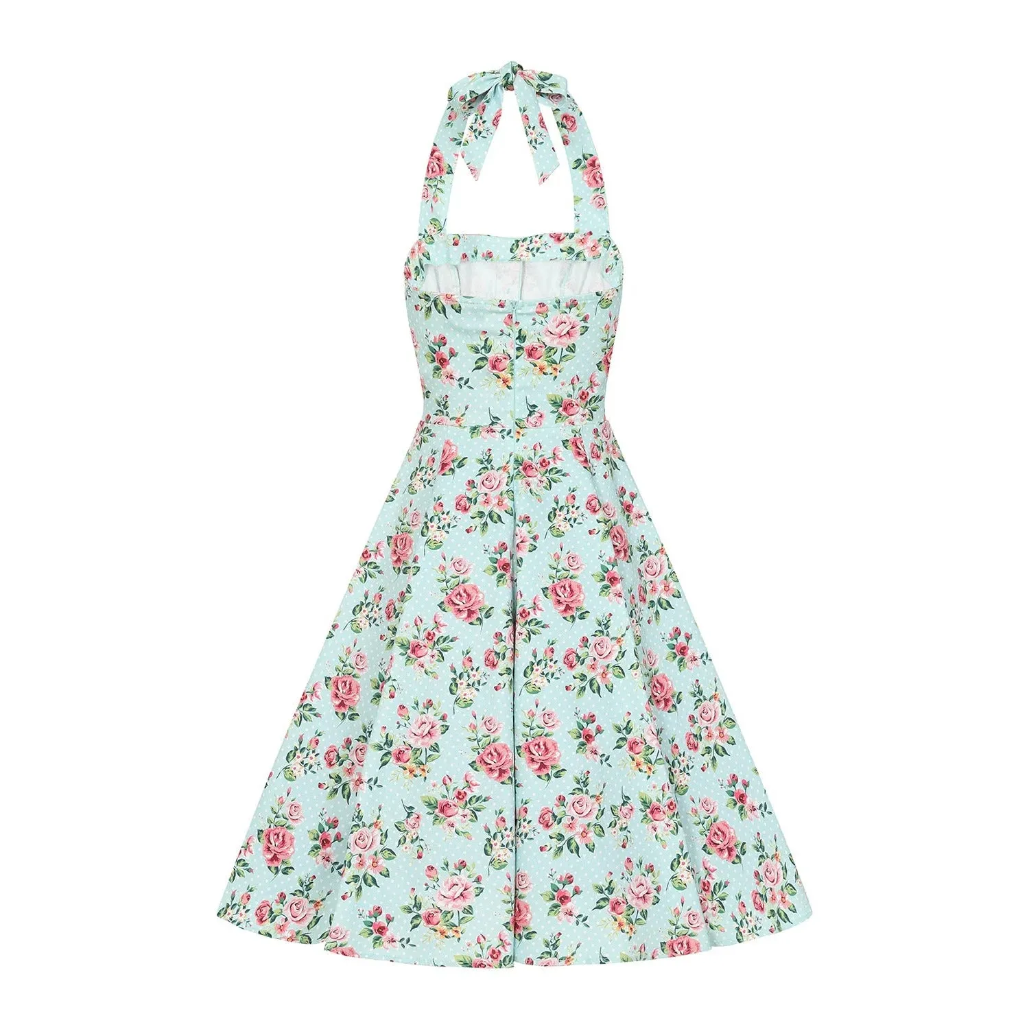 Blue Floral Print Polka Dot Halter Neck 50s Swing Dress