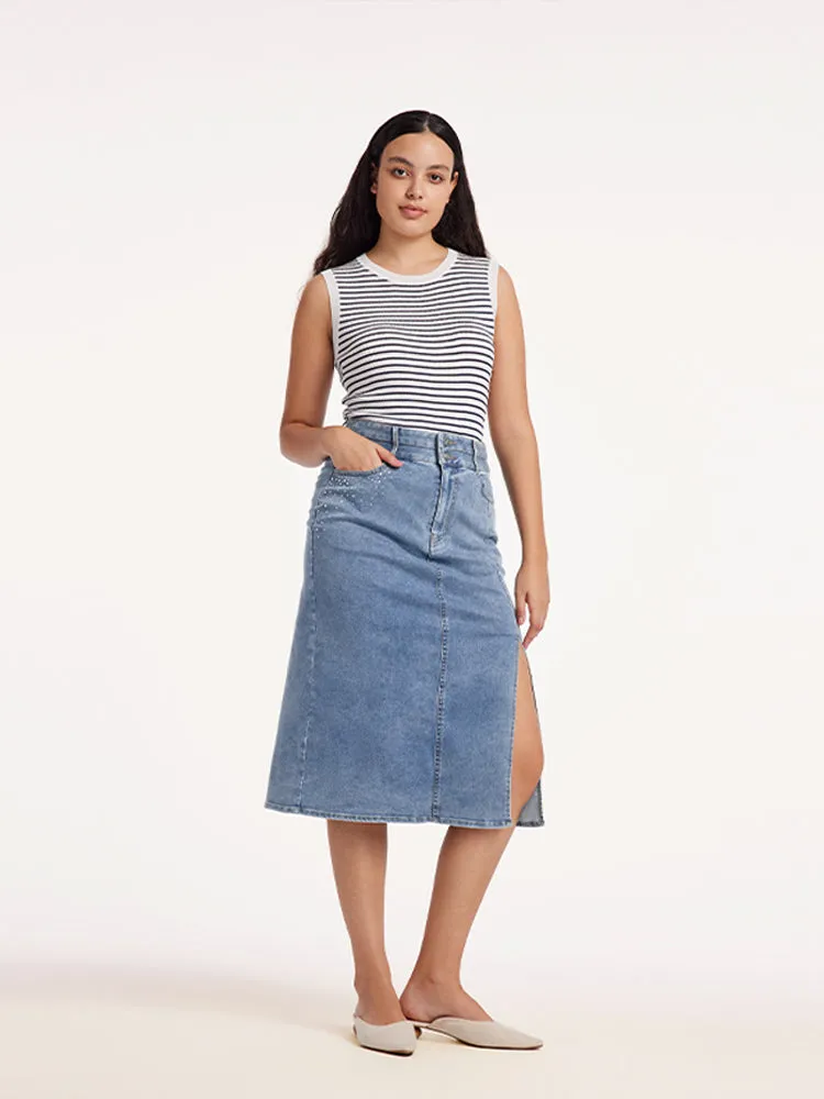 Blue High Waist Slit Midi Denim Skirt